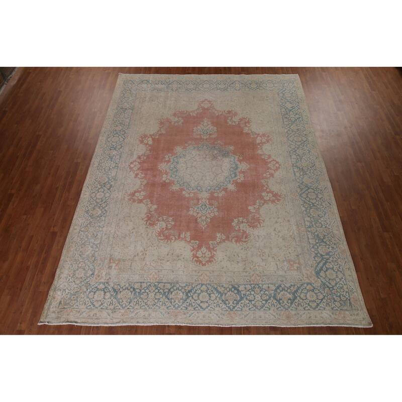 Distressed Kerman Persian Antique Area Rug Hand-knotted Wool Carpet - 9'8" x 12'7"