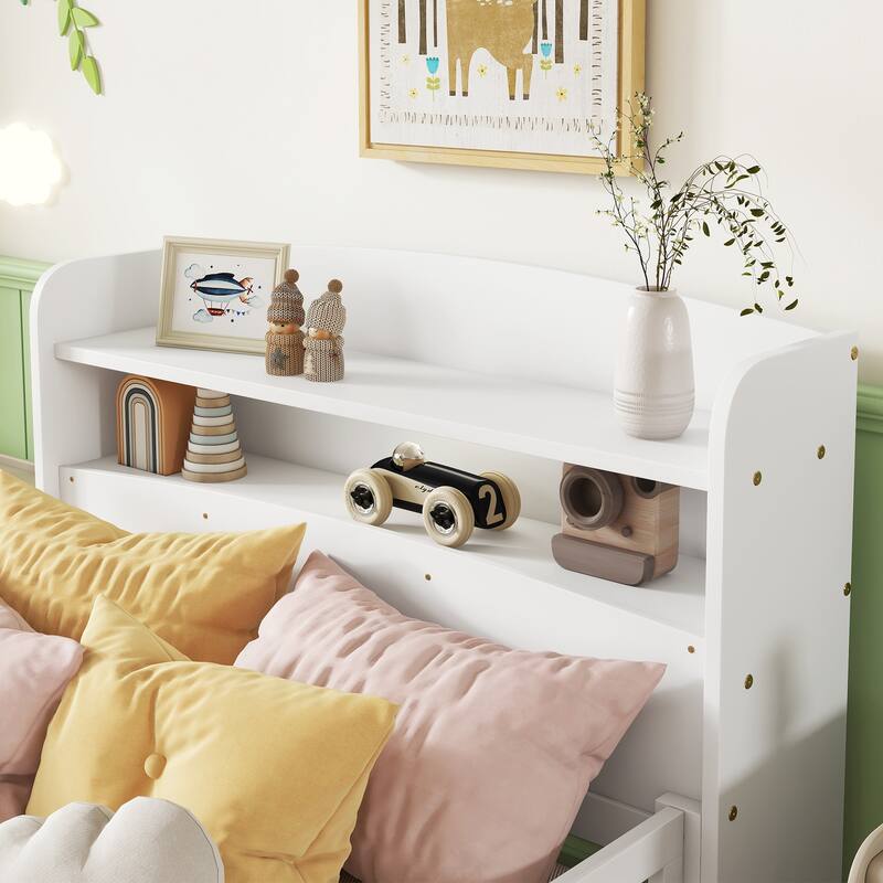 White Twin Pine Wood Bed with Bookcase Headboard, LED Motion Sensor Light, Guardrails