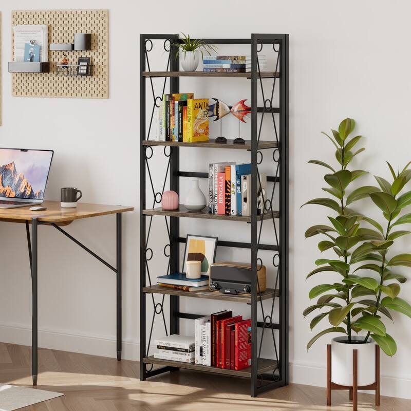 VECELO 62" Foldable 5-Tier Bookshelf Space Saving Tall Open Bookcase with MDF Shelves for Living Room Home Office Kitchen