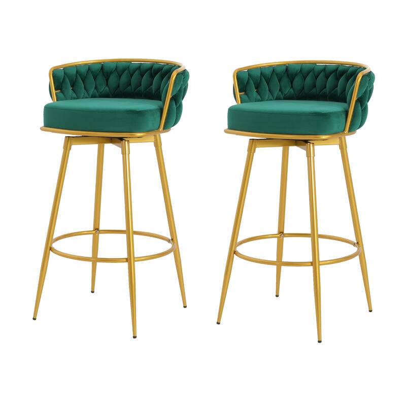 Modern Set of 2 Bar Stools with Velvet Padded Woven Backrest, Swivel Function, Metal Legs for Bar Counter Dining Room Café