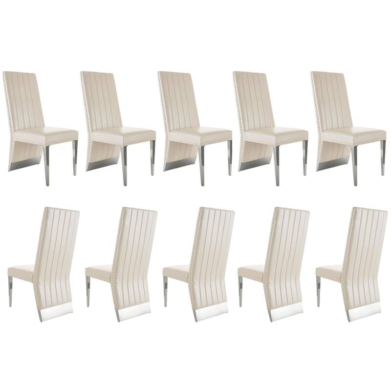 White PU Leather Dining Chairs with Nail Head Trims and Mirrored Silver Metal Legs - Set of 10