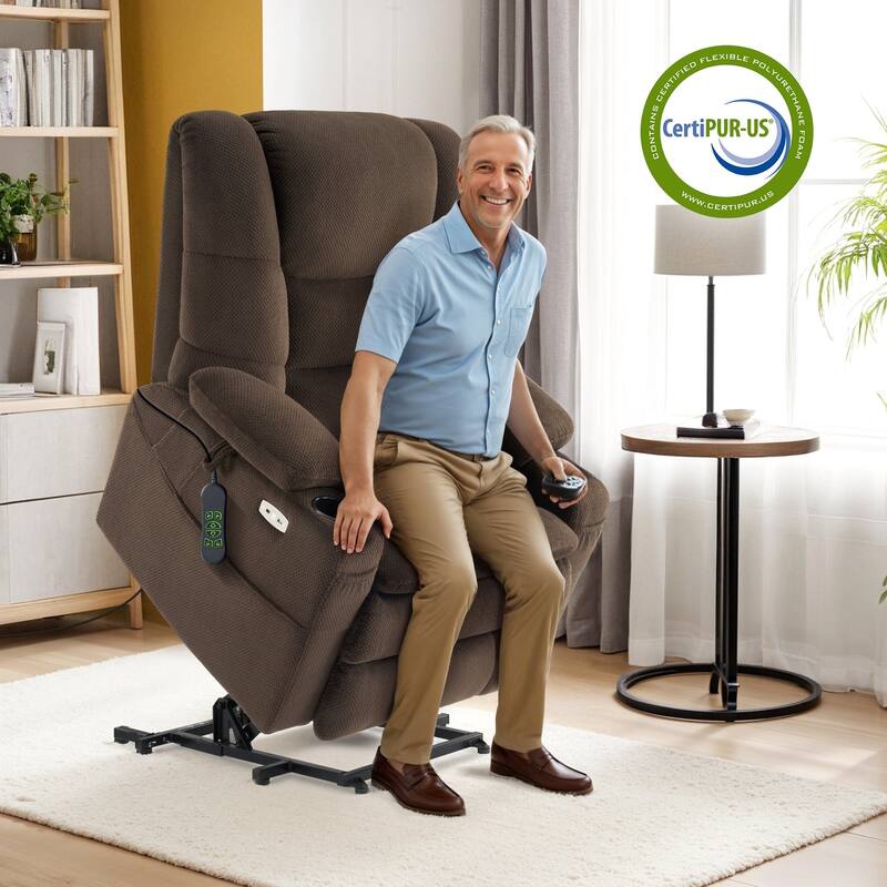 MCombo Large-Wide Dual Motor Power Lift Recliner with Massage and Dual Heating for Big and Tall Elderly, Fabric R7635 - Coffee