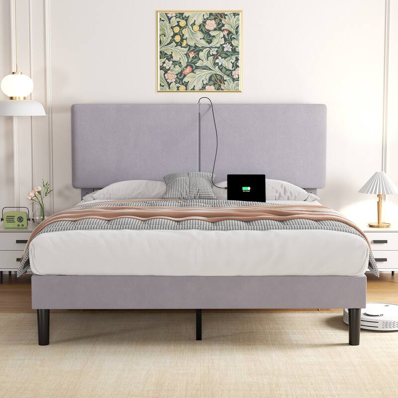 Javlergo Upholstered Platform Bed Frame with 2 USB Charging Station & Adjustable Headboard, No Box Spring Needed - Grey - Queen
