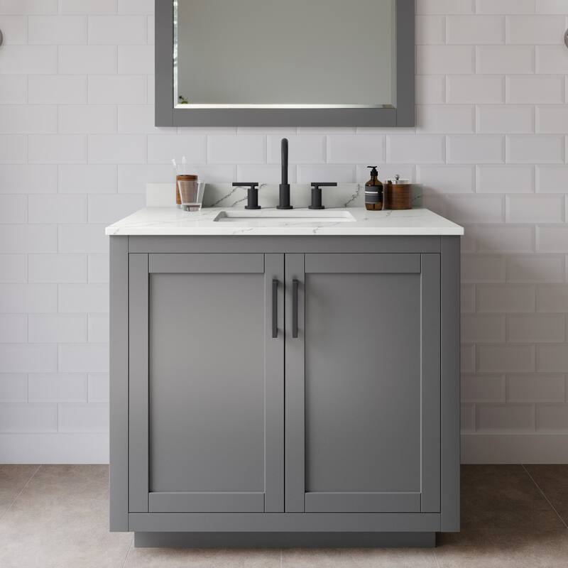 Wyndham Collection WCF292936S-QTZ-US3MXX Miranda 36" Free Standing - Dark Gray / Giotto Quartz Top / Matte Black