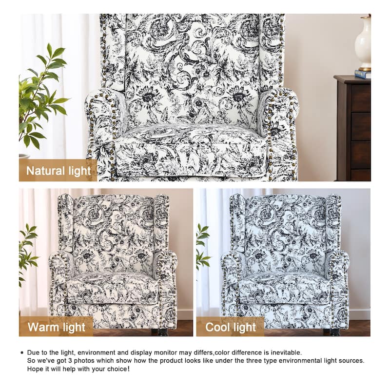 Traditional Floral Patterned Wingback Armchair with Nailhead Trim