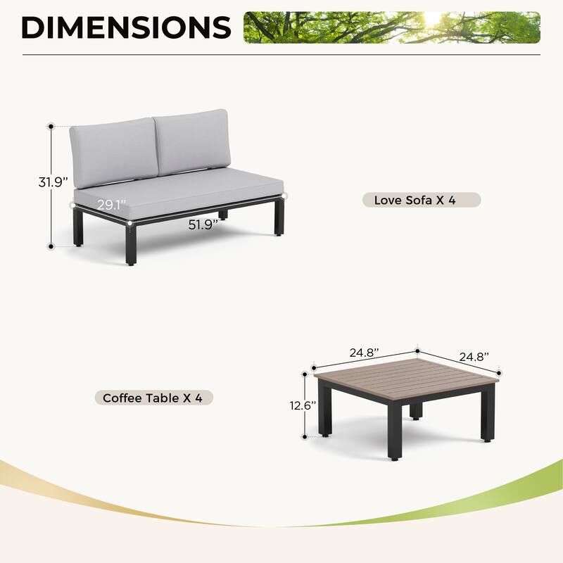 10-Seat Patio Sectional sofa set, E-coating Steel frame Conversation Sets with Built-in Side Table , Grey Cushion