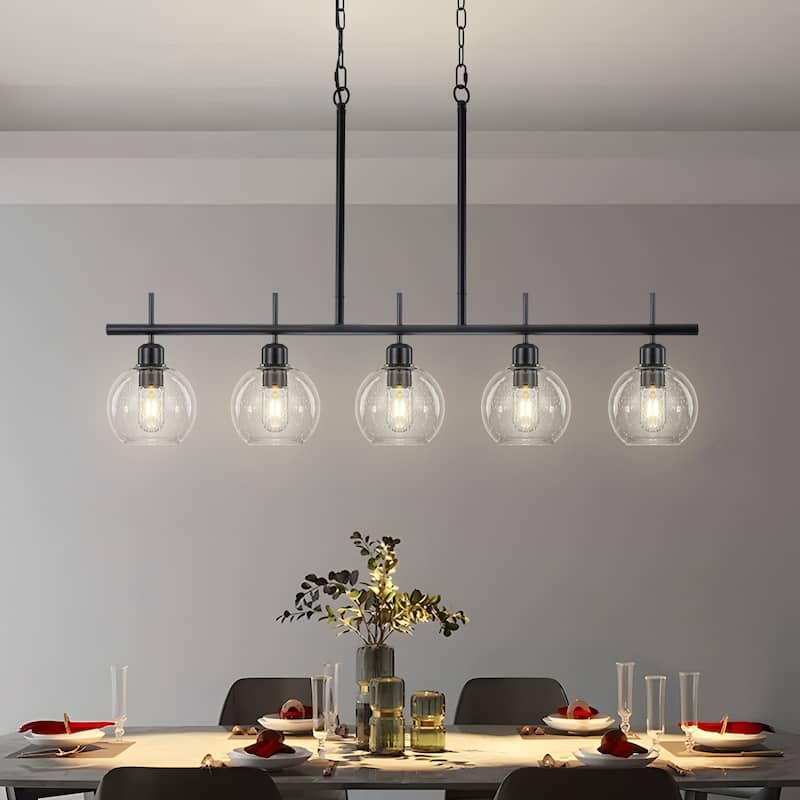 Starsky 5-Light Modern Linear Kitchen Island Pendant with Seeded Glass Globes, Adjustable Height, Black or Gold
