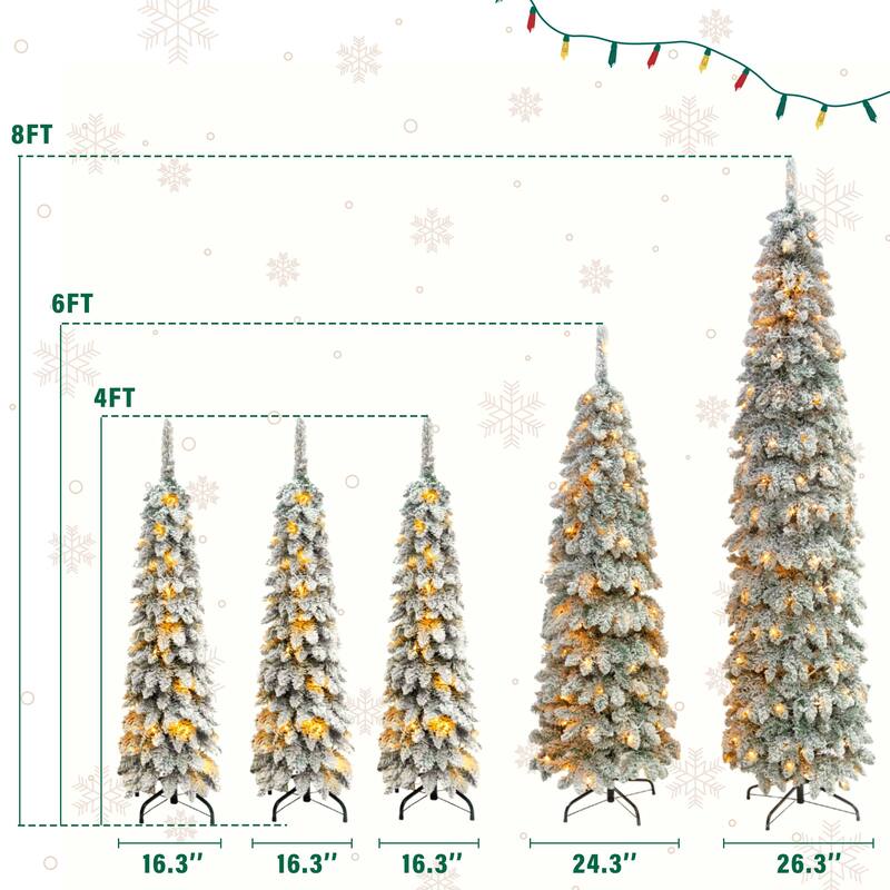 5-Piece Pre-Lit Pencil Christmas Tree Set, Snow Flocked Slim Xmas Trees with 350 LED Lights and 1820 Tips