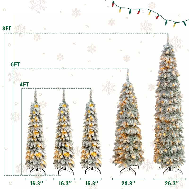 8FT,6FT,4FT x 3 Pre-Lit Pencil Christmas Trees, 5-set Slim Artificial Christmas Tree With Snow Flocking, with 11 Lighting Modes