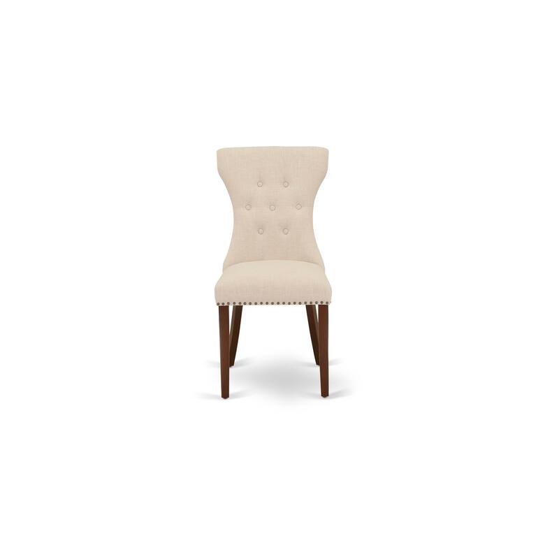 East West Furniture 3 Piece Dining Table Set- a Kitchen Table with Pedestal and 2 Linen Fabric Parsons Chairs(Finish Options)
