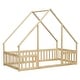 preview thumbnail 12 of 10, Natural Twin Size Pine Wood House-Shaped Floor Bed with Fence, Guardrails and Roof for Bedroom
