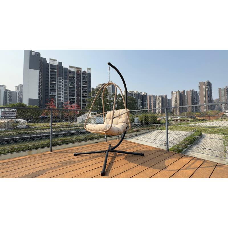 Swing Egg Chair with Stand and Cup Holder, Basket Hanging Chair with Cushion & Pillow Patio Wicker Hanging Chair