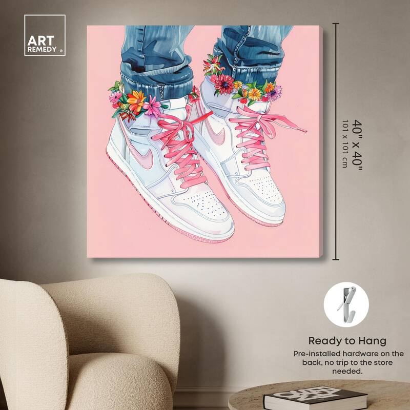 Blush Floral Bloom Sneakers Canvas by Art Remedy, Gallery Wrapped