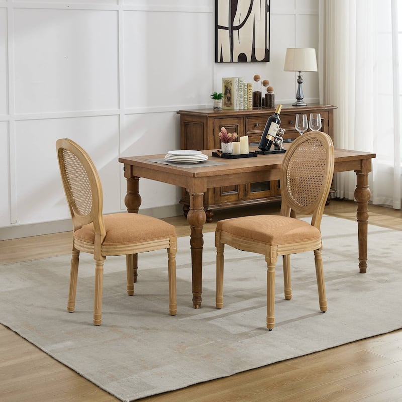 Modern Dining Chair, Solid Wood Frame Linen Fabric Rattan Back Dining Chair,Set of 2