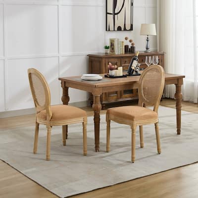 Modern Dining Chair, Solid Wood Frame Linen Fabric Rattan Back Dining Chair,Set of 2