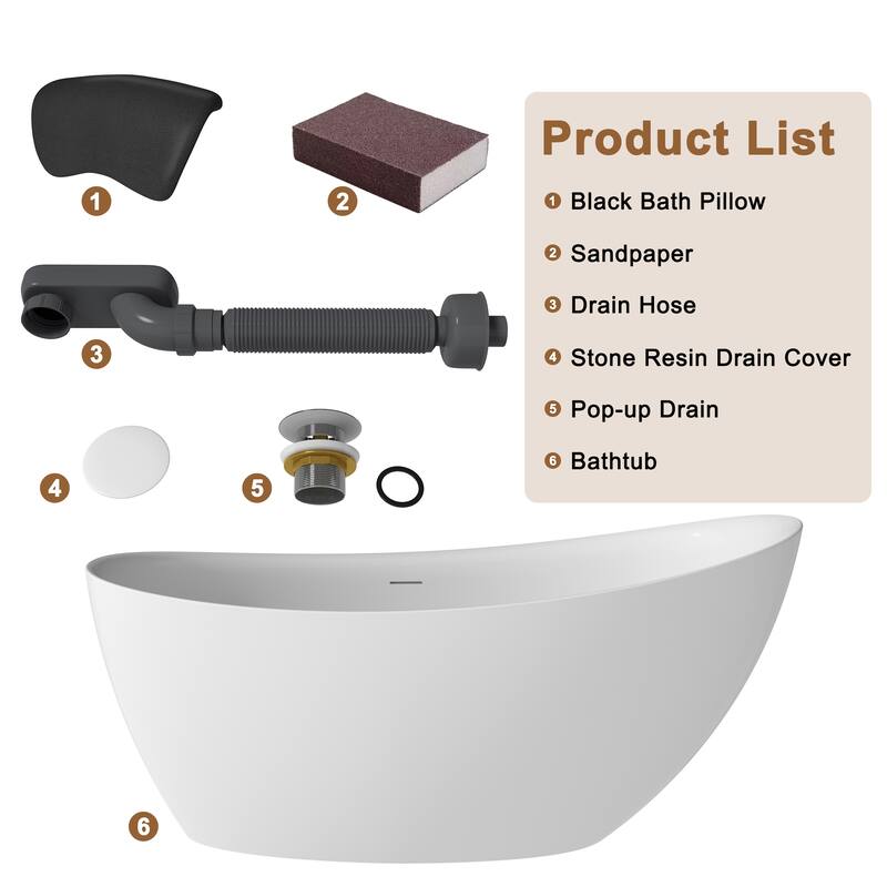 CASAINC Resin Stone Solid Surface Soaking Stand Alone Bathtub Freestanding Bathtub in Matte White