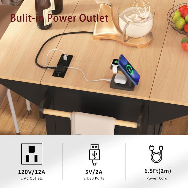 55.7" Large Kitchen Island with 2 Drop Leaf, Rolling Kitchen Cart on 5 Wheels with Power Outlet