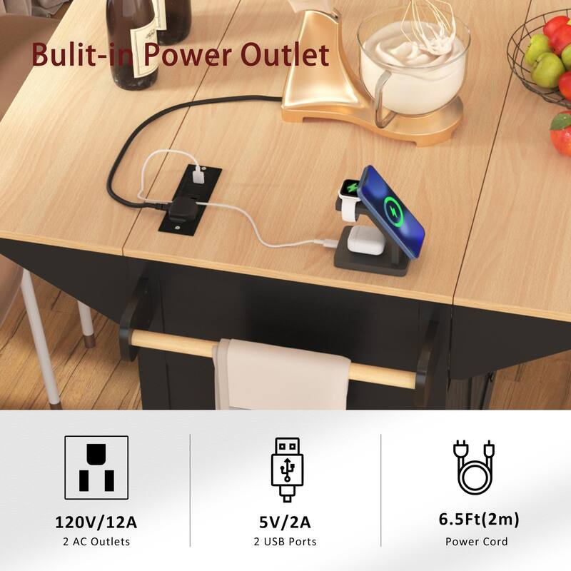 55.7" Large Kitchen Island with 2 Drop Leaf, on 5 Wheels with Power Outlet, Dining Table with Spice Towel Rack, 3 Drawers