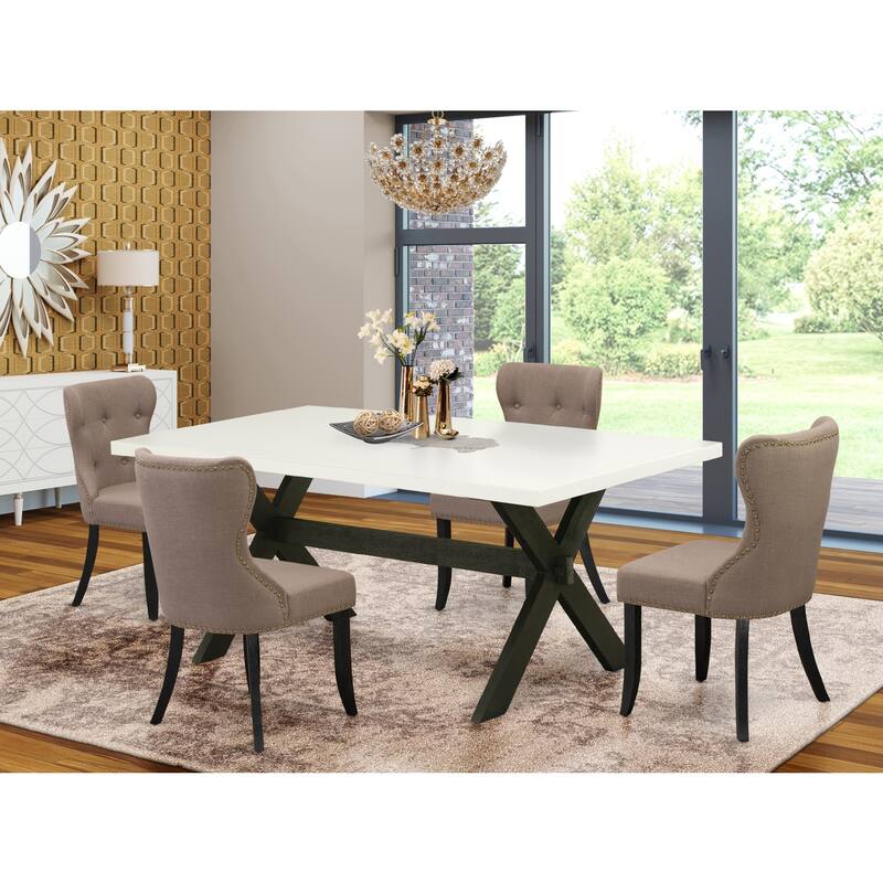 Vintage 5-Piece Wood Dining Set - Linen Fabric Chairs & Table - Kitchen Dining Room Set - 72