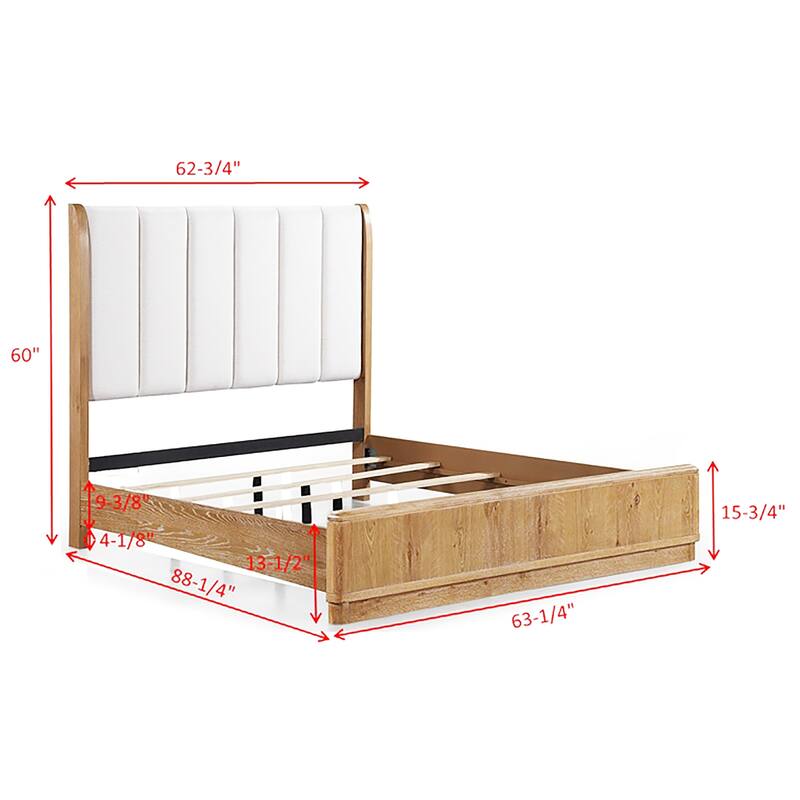 Queen Size Upholstered Panel Bed with Natural Wood Finish and Off-White Fabric
