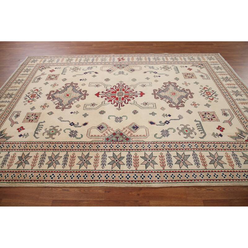 Hand Knotted Oriental 100% Wool Carpet Traditional Geometric Beige & Ivories Kazak Area Rug - 9' 7'' X 6' 7''