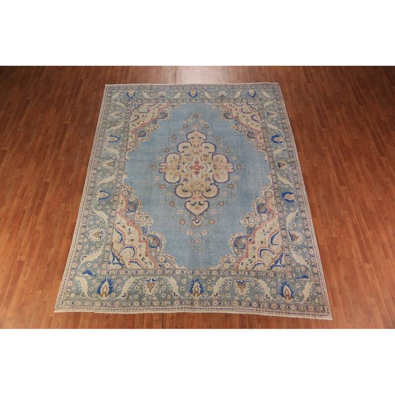 Medallion Tabriz Persian Area Rug Hand-Knotted Light Blue Wool Carpet - 8'5"x 11'2"