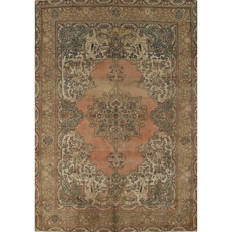 Hand Knotted Oriental 100% Wool Carpet Traditional Medallion Oranges & Rust Tabriz Area Rug - 9' 8'' X 6' 10''