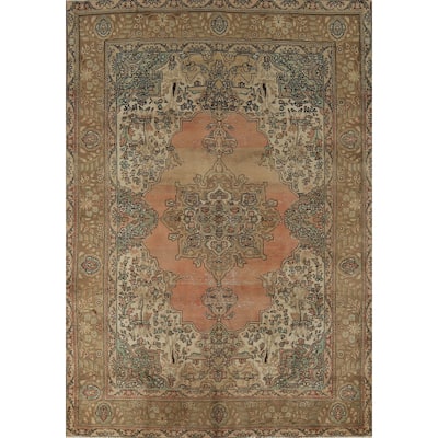 Hand Knotted Oriental 100% Wool Carpet Traditional Medallion Oranges & Rust Tabriz Area Rug - 9' 8'' X 6' 10''