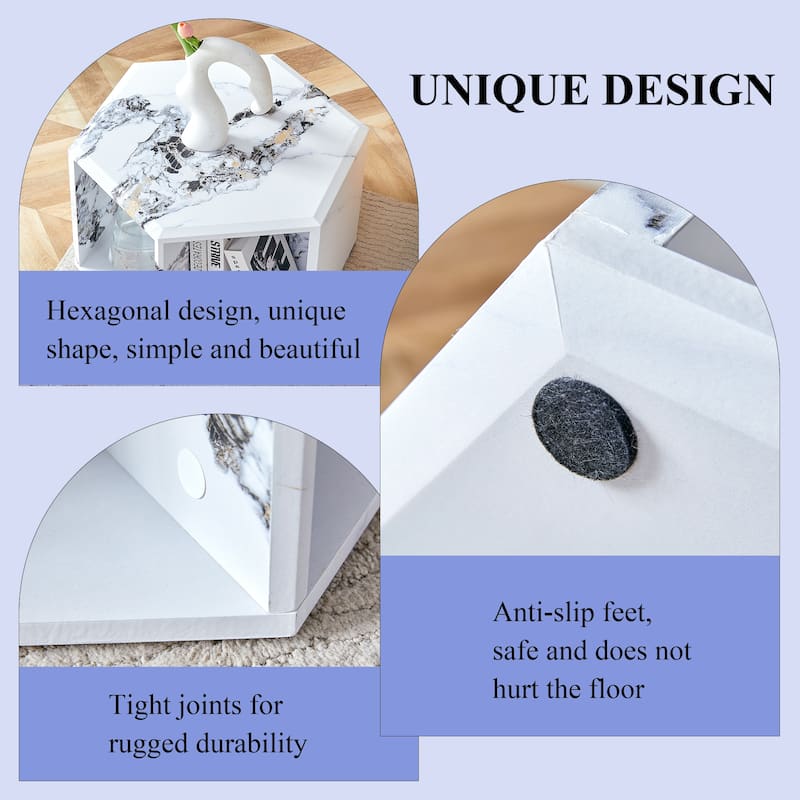 Hexagonal MDF coffee table, characteristic pattern stickers, multi-hole design to give more storage space