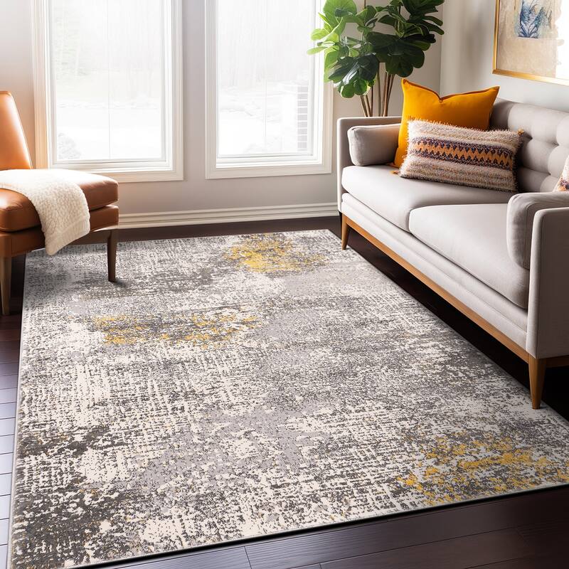 World Rug Gallery Prague Distressed Abstract Area Rug - 7' 10" x 10' - Yellow - Runner/Rectangle