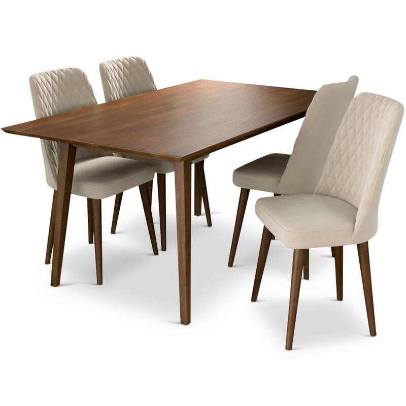 Armantos 5-Piece Mid-Century Dining Set w/ 4 Velvet Dining Chairs in Beige