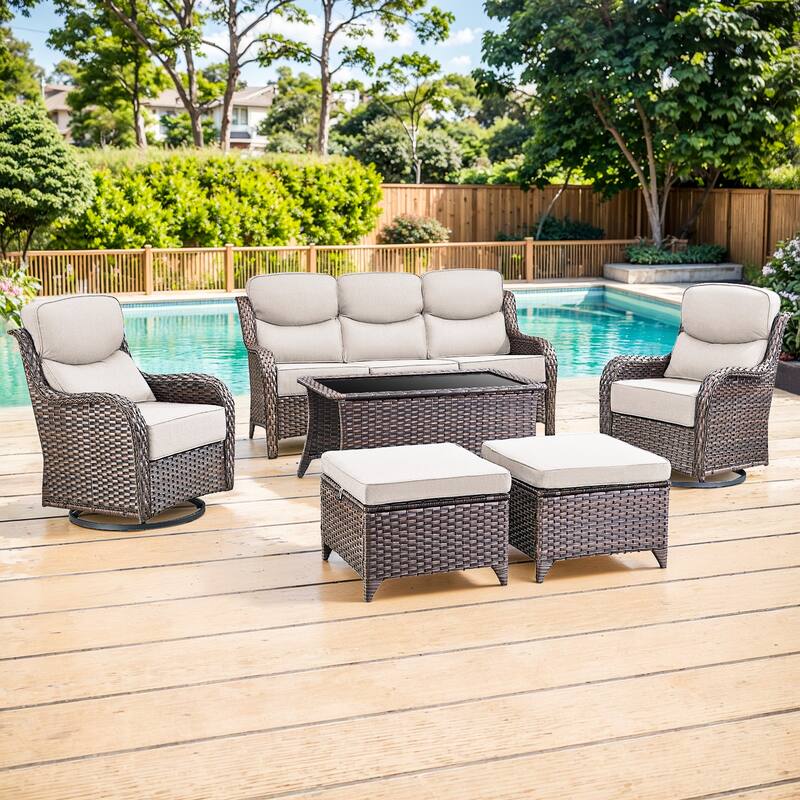 Gymojoy 6-Piece Patio Furniture Set with Swivel Glider Chairs, 6-Inch Ultra-Plush Cushions & Water-Resistant Olefin Fabric - Brown Wicker / Beige Cusion - 6-Piece