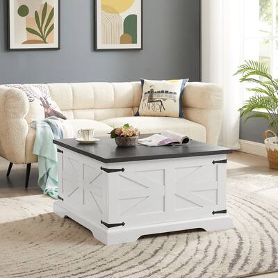 Farmhouse Coffee Table, Square Wood Center Table with Large Hidden Storage Compartment & Hinged Lift Top for Living Room
