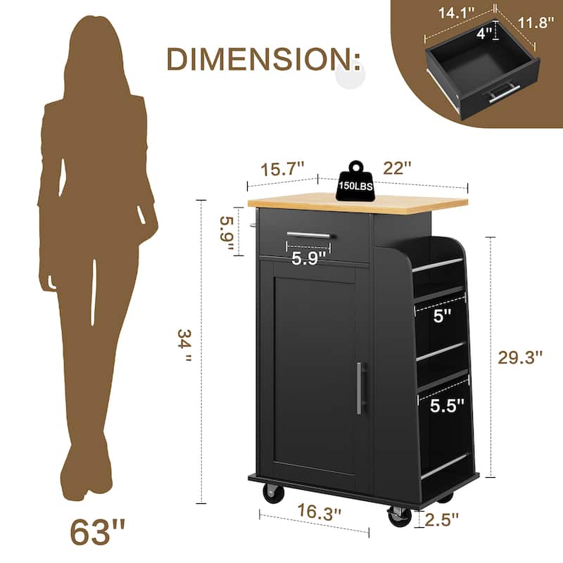 Rolling Kitchen Island with Storage Cabinet & Spice Rack & Drawer – Rubber Wood Top
