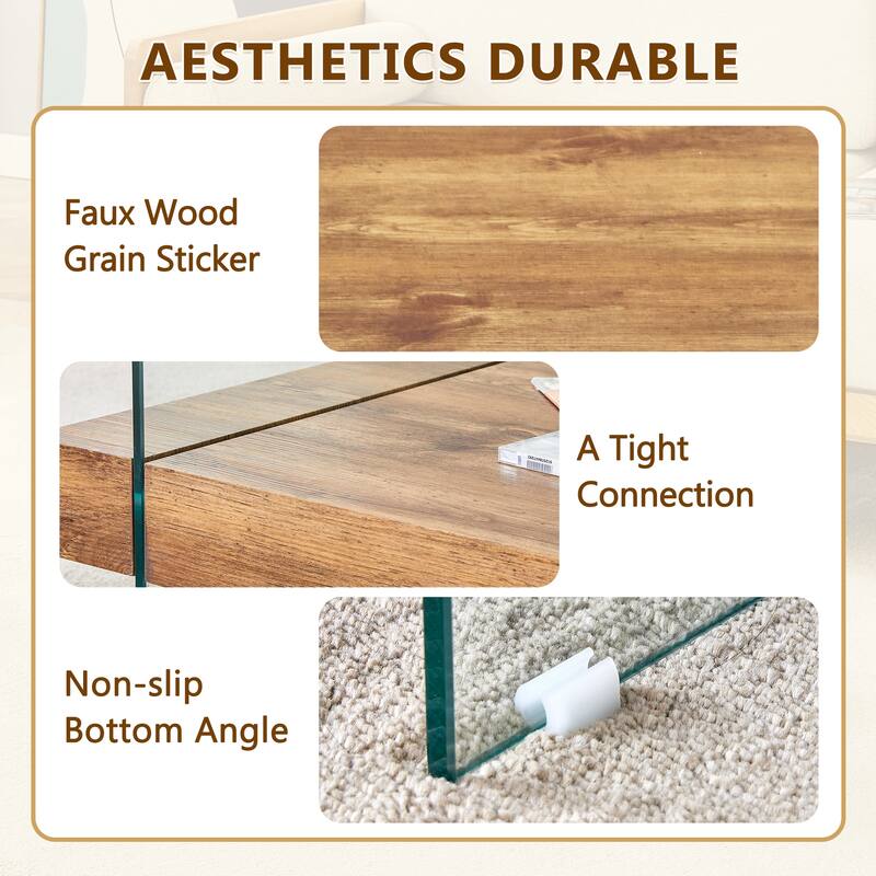 31.4 Inch Modern Two-Tier Square Coffee Table - An Elegant Combination of Clear Glass and Natural Wood Texture Sticker I