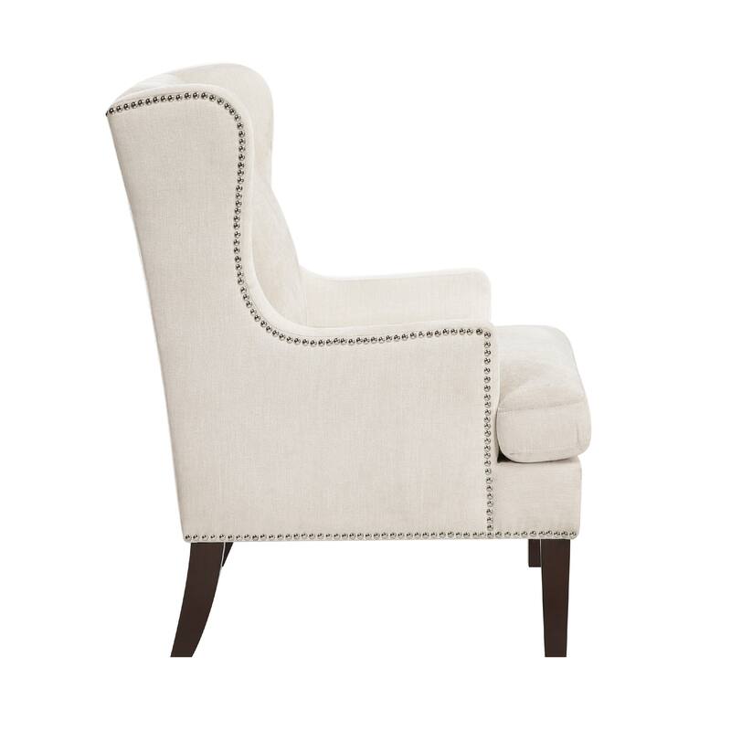 Rossana Accent Wing Armchair, Beige Polyester, Brown Wood, Nailhead