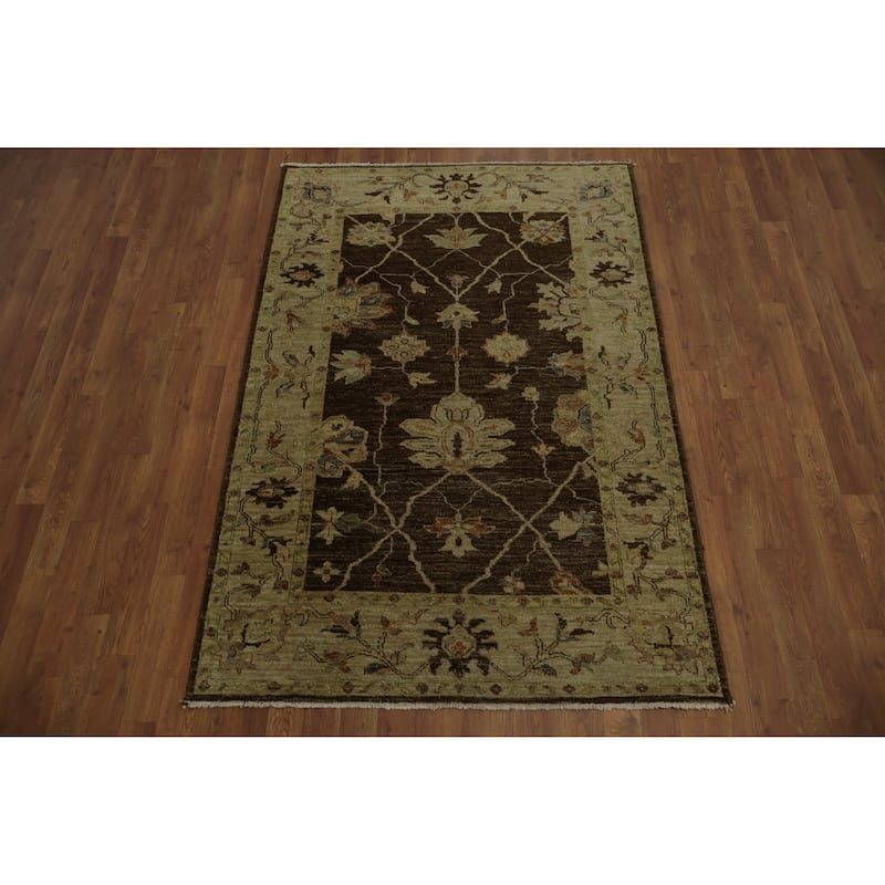 Hand Knotted Oriental 100% Wool Carpet Transitional Floral Brown Oushak Area Rug - 6' 0'' X 4' 1''