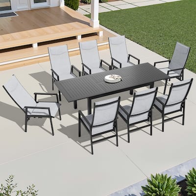 9-PC Outdoor Patio Aluminum Dining Sets Rectangular Table Expandable with Adjustable High Back Dining Chairs