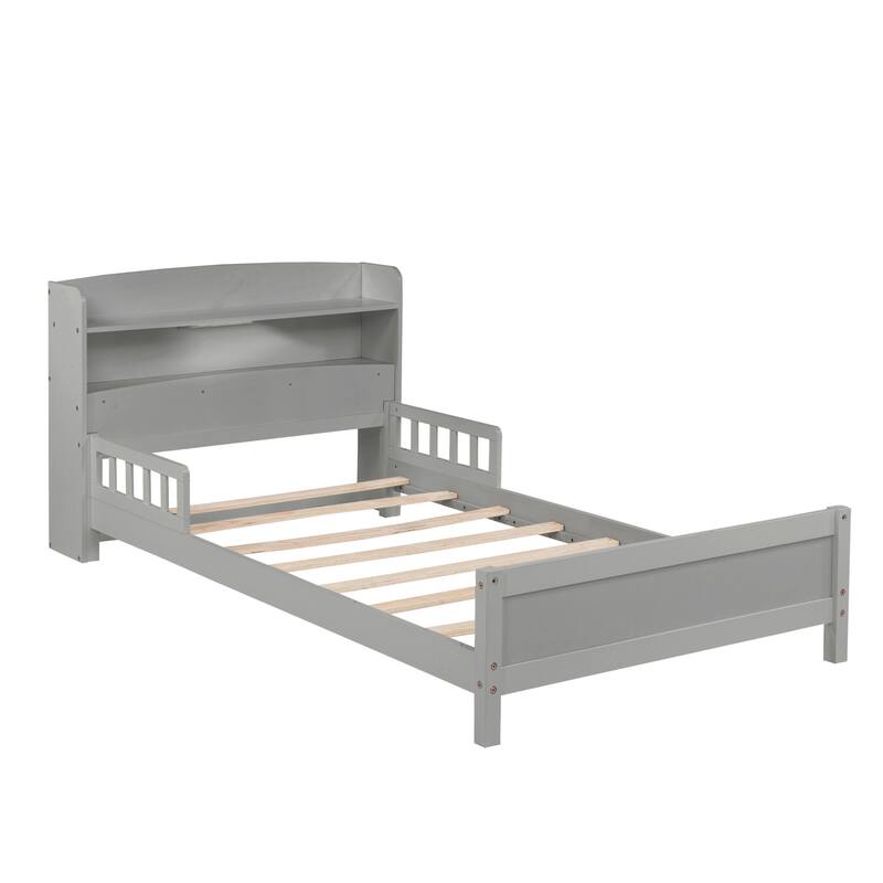 Twin Size Pine Bed w/ Bookcase Headboard ,LED Sensor Light, Guardrails