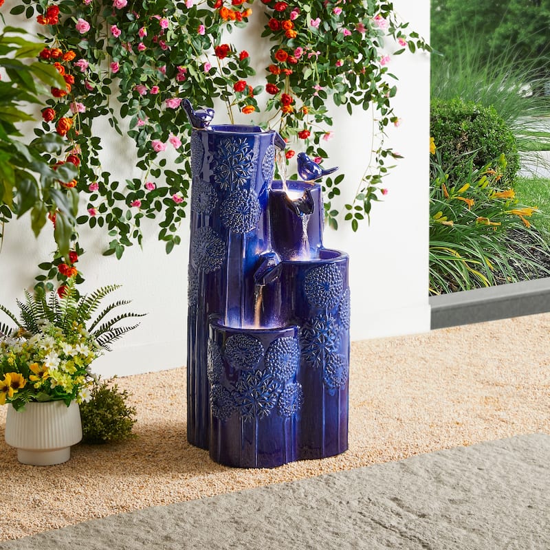 Glitzhome 31.75"H 4-Tier LED Vase-Shaped Ceramic Outdoor Floor Fountain with Birds/ Lotus