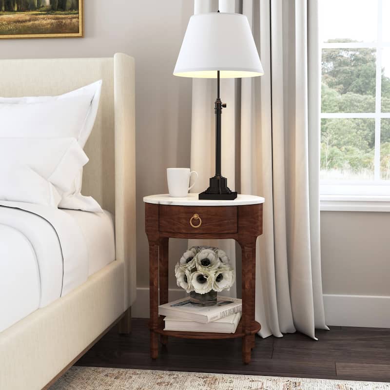 Ellen 18.25 in. W Oval Marble and Wood 1-Drawer Nightstand - Brown - 1-drawer