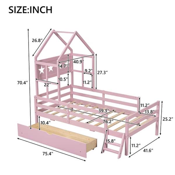 Wood Twin Size House Platform Bed with Guardrail and Under-Bed Drawer