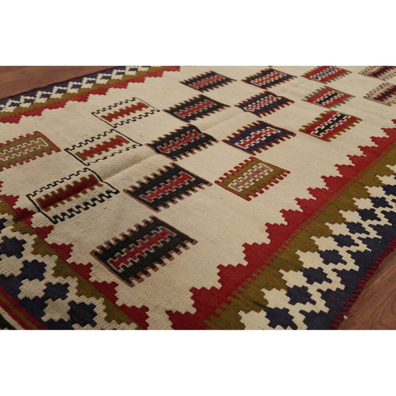 Beige Kilim Qashqai Persian Vintage Rug Hand-Woven Wool Carpet - 3'6"x 6'11"