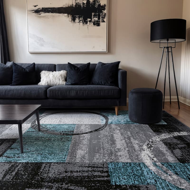 World Rug Gallery Abstract Polypropylene Machine-Made Circle Area Rug - 12' x 15' - Blue/Grey