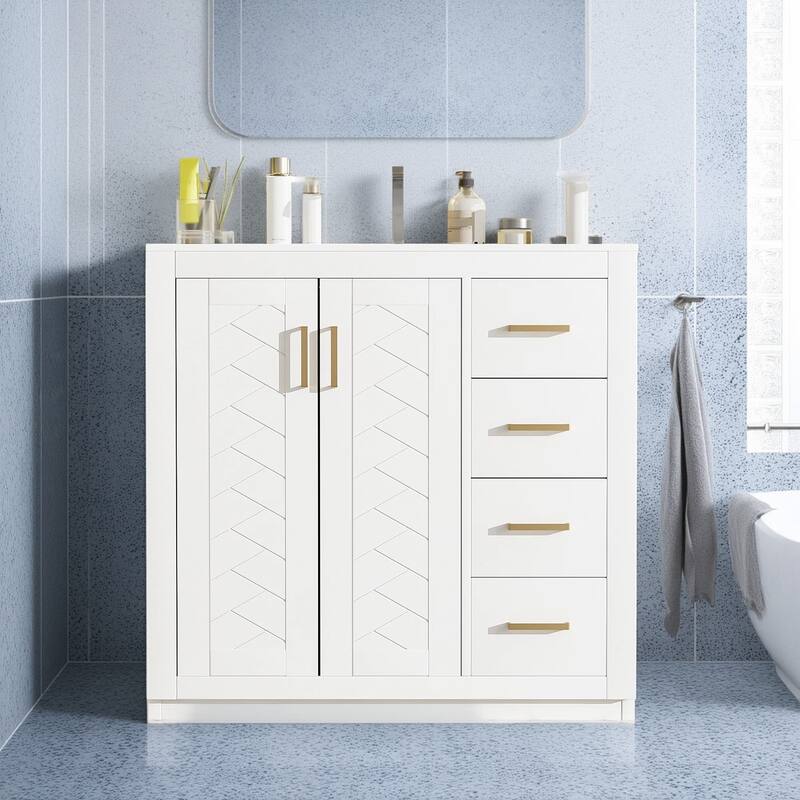 36'' Freestanding Bathroom Vanity with Sink, Solid Wood Frame, 3 Drawers