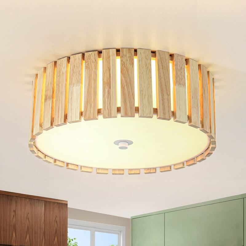14.2" Rustic Boho Wooden Strips Cylindrical Drum Shade LED Flush Mount Ceiling Light for Living Room - Beige/White - 14.2 in. W x 5.1 in. H x 14.2 in. D