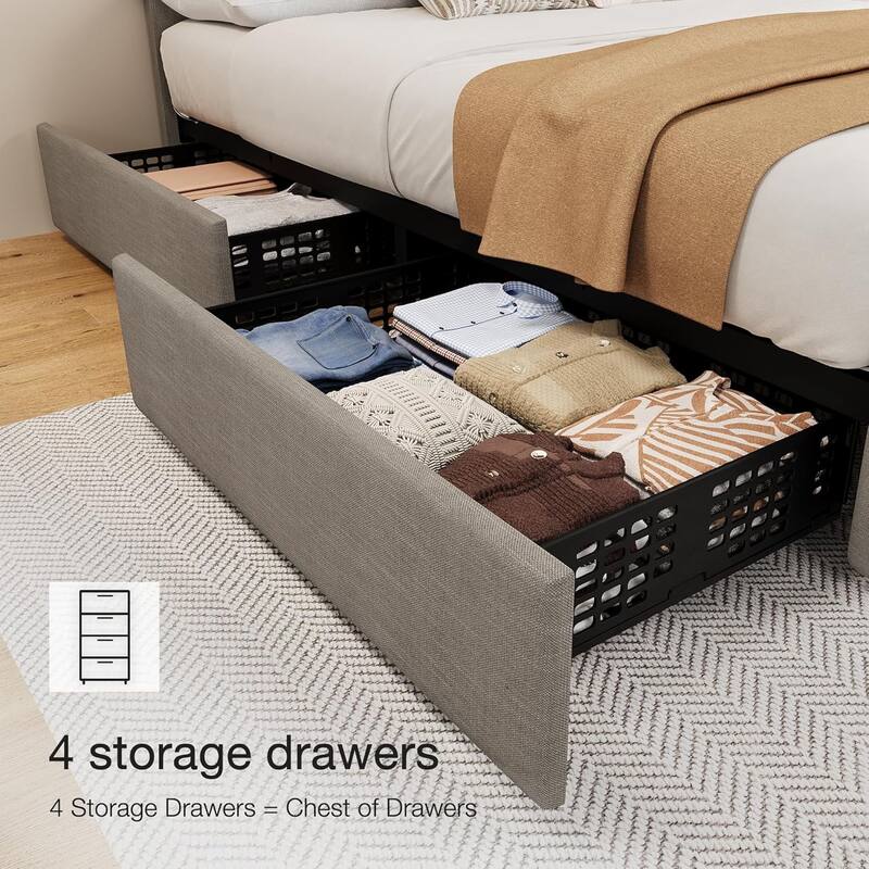 Garvee Bed Frame with 4 Storage Drawers and Headboard, Linen Upholstered Platform Bed Frame