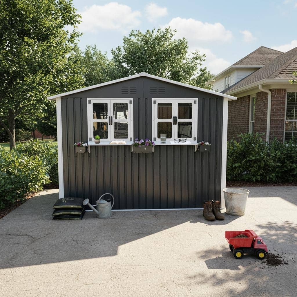 6x9 FT Outdoor Metal Storage Shed with Window & Flower Rack,Lockable Double Doors Tool Shed,Waterproof Weatherproof Garden Shed