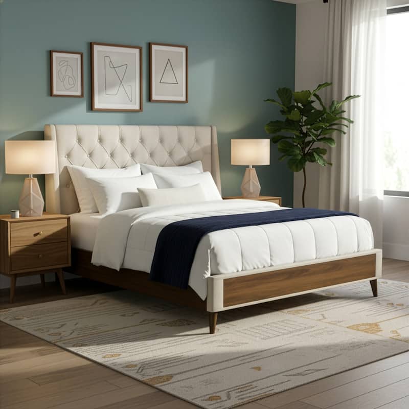 Arlo Button Tufted Beige Fabric Bed