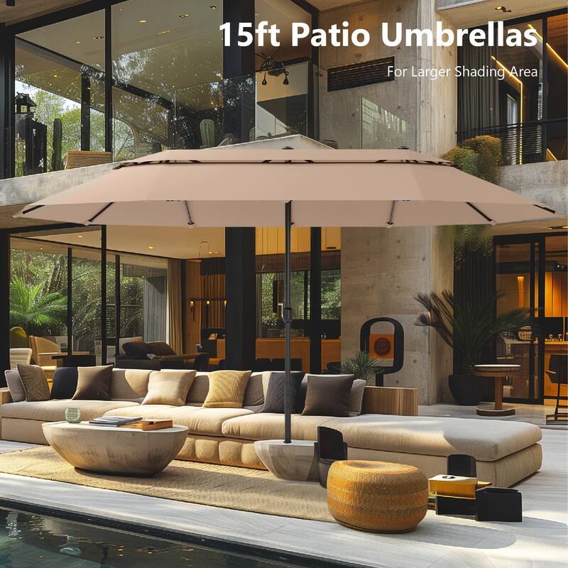 MAISON ARTS 15ft 2-Tier Large Patio Umbrella with Solar Lights, Double-Sided Outdoor Market Umbrellas with Base Included